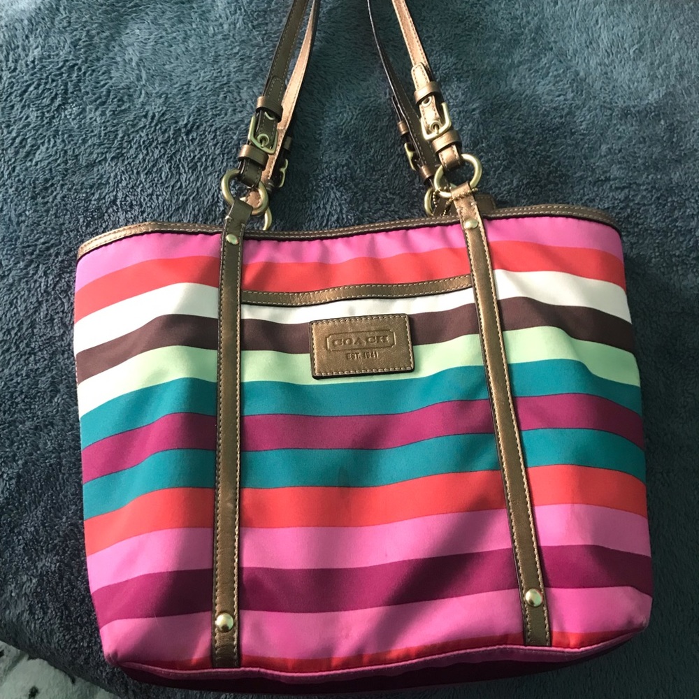 Coach purse in colorful stripe satin